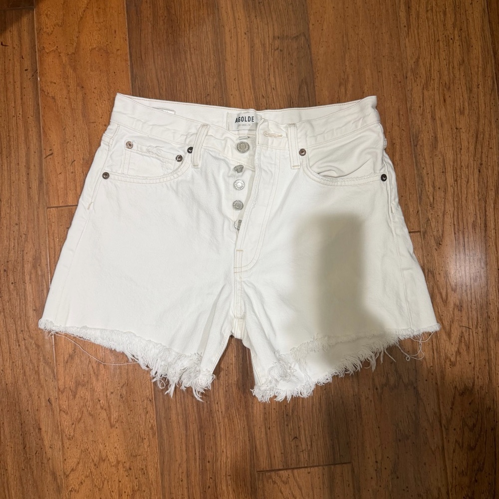 Agolde White Frayed Hem High-Rise Button-Front Denim Shorts